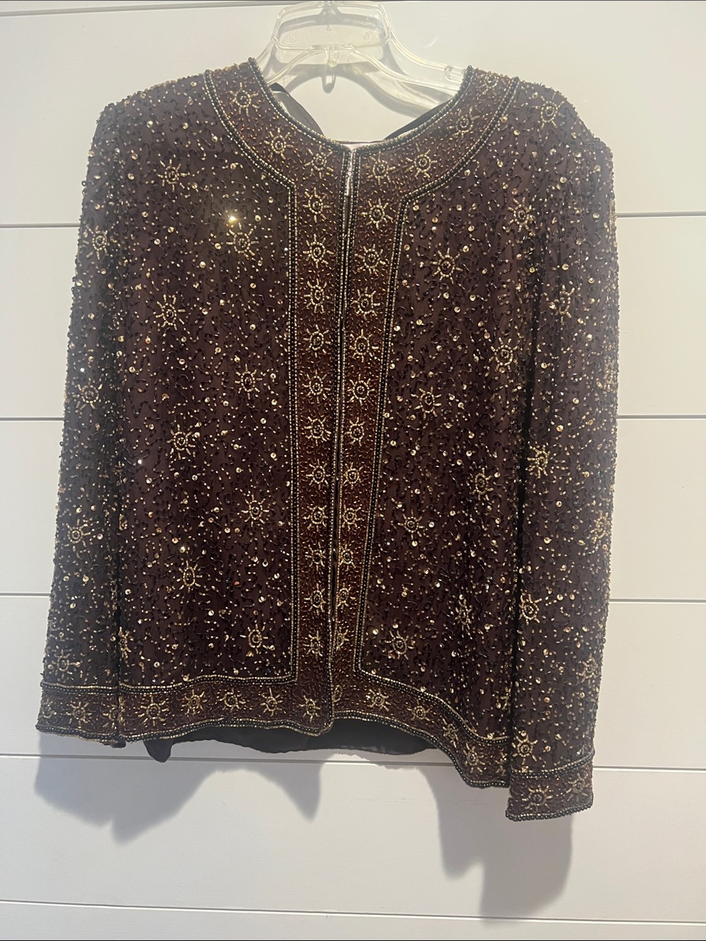 Laurence Kazar New York Womens Open Front Jacket Brown Beaded Lined Sequin XL